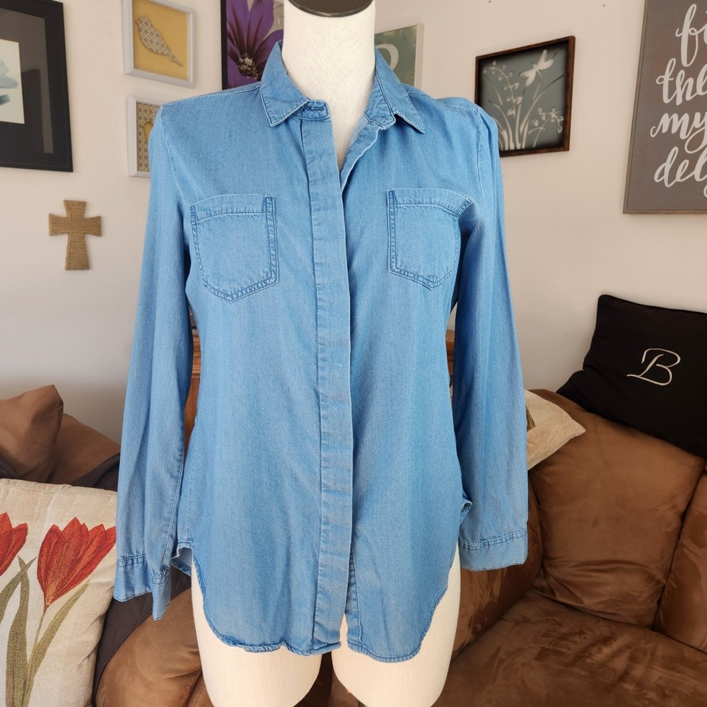 Per Se Chambray Button Up Shirt Top Size S